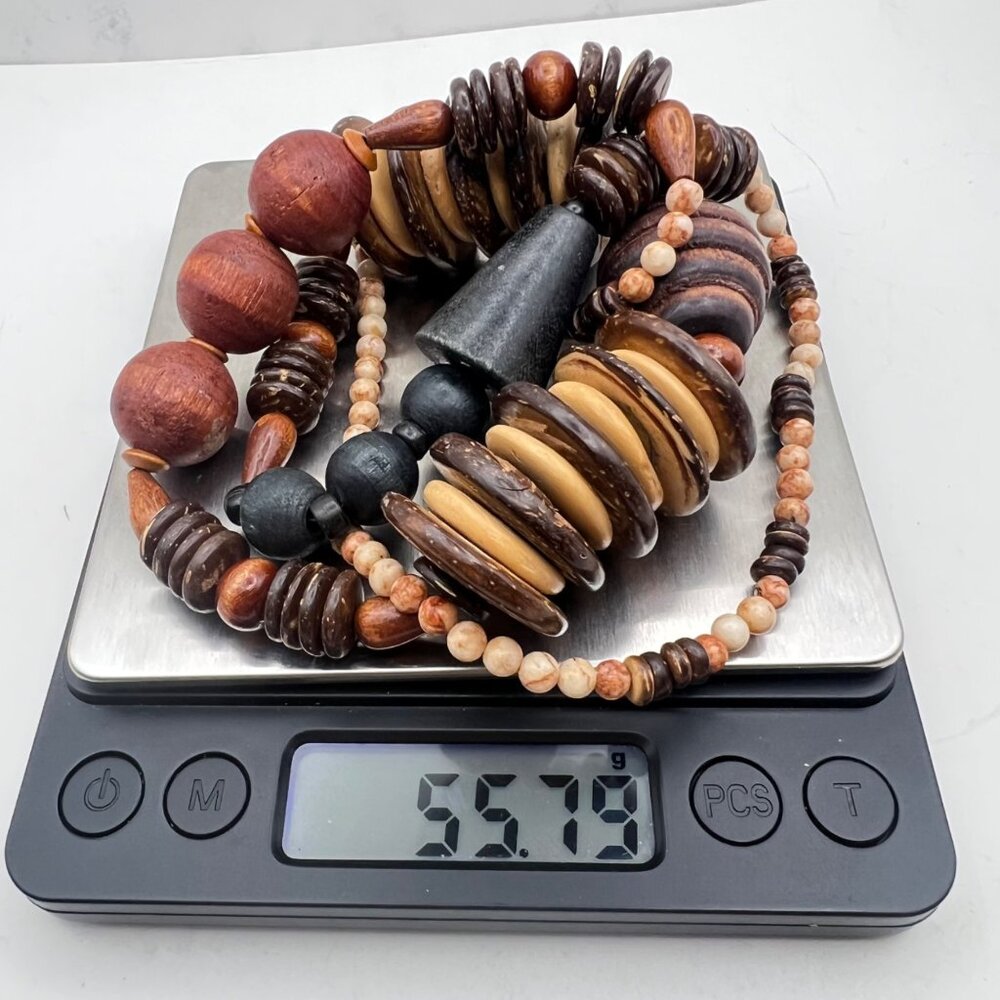 Chunky 27" Boho Wood Coconut Shell Statement Necklace Tribal Throw Over Festival - Picture 8 of 9